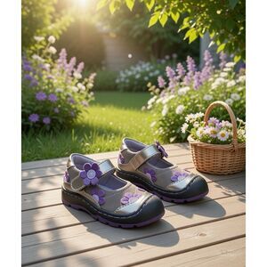 JUMPING JACKS Flower Breeze Girls Mary Jane Shoes 6 Purple Grey Toddler
